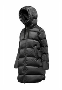Schwarze Pufferjacke mit Kapuze, ausgestattet mit einem gesteppten Design, Fronttaschen und einem vollständigen Reißverschluss. Das Material wirkt glänzend und glatt.