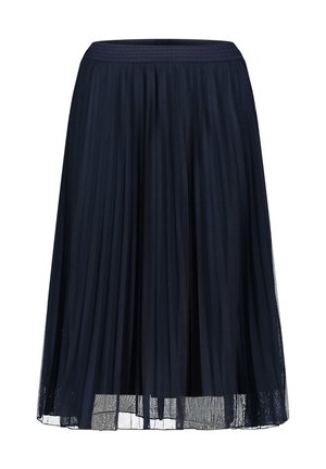 Jupe midi plissée bleu marine avec ceinture élastique et tissu superposé transparent à l'ourlet.