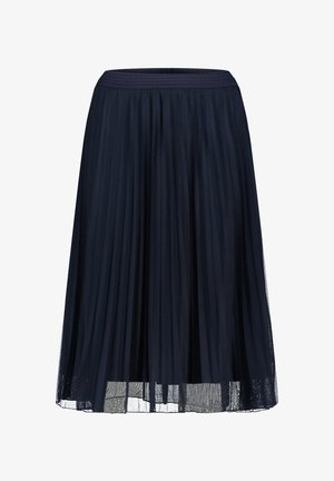 Jupe midi plissée bleu marine avec ceinture élastique et tissu superposé transparent à l'ourlet.