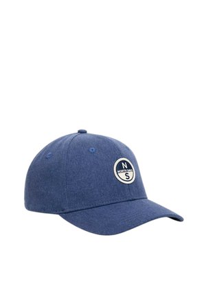 Cappellino da baseball blu con visiera curva e toppa circolare con logo North Sails sul pannello frontale.