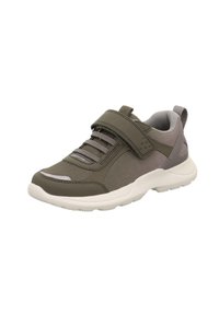 Graue und olivgrüne Sportschuhe mit Netzdesign, flexibler Sohle und Klettverschluss. Verfügt über einen gepolsterten Kragen und eine verstärkte Zehenkappe.