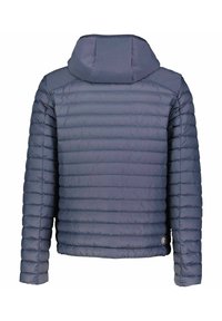 Dunjacka i mörkblått med horisontell quiltad design, huva och elastiska manschetter. Har en logodetalj på nedre vänster sida.