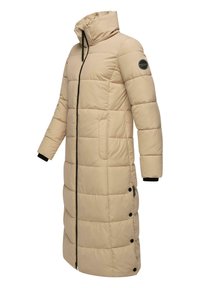 Bežinis pamušalu ilgas paltas su aukštu apykakle, priekiu užtrauktuku, šoninėmis kišenėmis ir juodais rankogaliais. Turintis siuvinėtą tekstūrą ir logotipą.