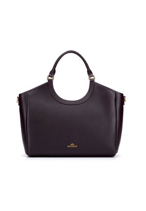 Dunkelbraune Lederhandtasche mit abgerundeten Griffen und goldenem Markenlogo unten in der Mitte auf weißem Hintergrund.