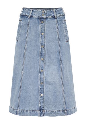 Lichtblauwe denim rok met knopen aan de voorkant. Heeft een getailleerde taille, twee zijzakken en een knielange A-lijn ontwerp met zichtbare stiksels.