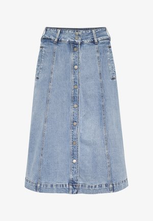 Lichtblauwe denim rok met knopen aan de voorkant. Heeft een getailleerde taille, twee zijzakken en een knielange A-lijn ontwerp met zichtbare stiksels.