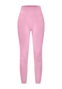 Rosa Leggings mit glatter Textur, hohem Bund und figurbetontem Design, das ein geripptes Muster aufweist.