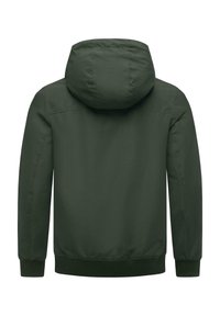 Groene lichtgewicht jas met een capuchon, met een gladde textuur, elastische manchetten en een getailleerde zoom, ontworpen voor comfort en functionaliteit.