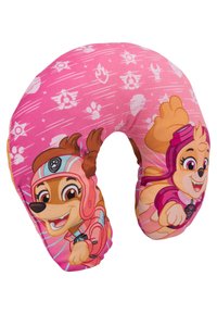 Cuscino per il collo a forma di U, caratterizzato da una copertura in tessuto rosa stampata con cani da cartone animato in abbigliamento da volo, su uno sfondo rosa chiaro a fantasia.