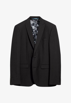 Schwarzer Blazer mit einreihiger Knopfleiste, zwei Vordertaschen und einem Futter mit Blumenmuster. Glatte Textur und maßgeschneiderter Schnitt.
