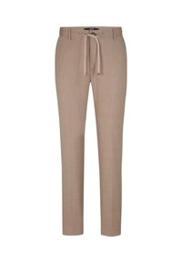Beige broek gemaakt van gestructureerde stof met een elastische tailleband, taps toelopende pijpen en een klein, merklabel in het midden bovenaan.