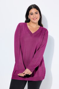 Lächelnde Frau mit dunklen Haaren trägt einen langärmeligen violetten V-Ausschnitt-Pullover und schwarze Hose, steht vor einem weißen, schlichten Hintergrund.