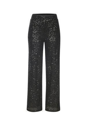 Black wide-leg pants covered in scattered shiny sequins, with a high waist and elastic waistband, displayed on a white background.