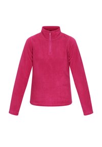Fleece pullover in felroze, met een hoge kraag en een halve ritssluiting. Lange mouwen met een zachte, gladde textuur.