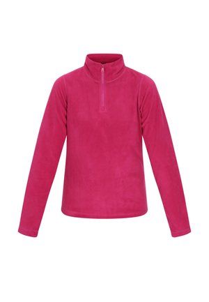 Fleece pullover in felroze, met een hoge kraag en een halve ritssluiting. Lange mouwen met een zachte, gladde textuur.