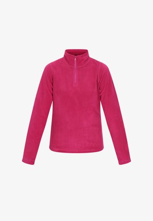 Pulover din fleece de culoare roz aprins, având un guler înalt și un sistem de închidere cu fermoar pe jumătate. Mâneci lungi cu o textură moale și netedă.