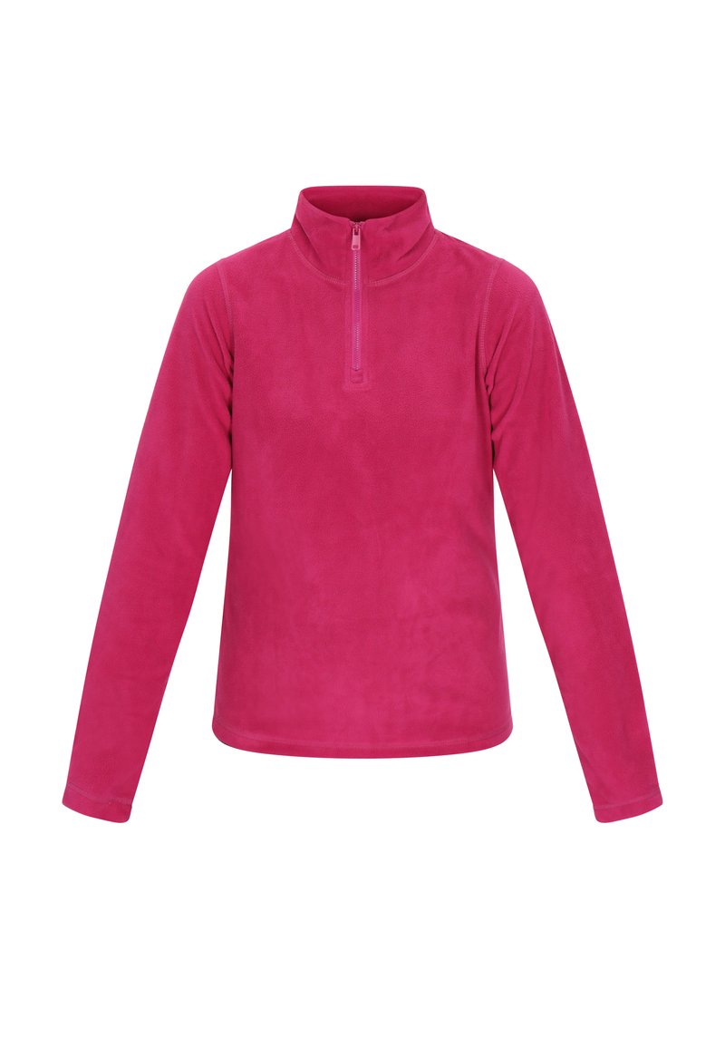 Fleece pullover in felroze, met een hoge kraag en een halve ritssluiting. Lange mouwen met een zachte, gladde textuur.