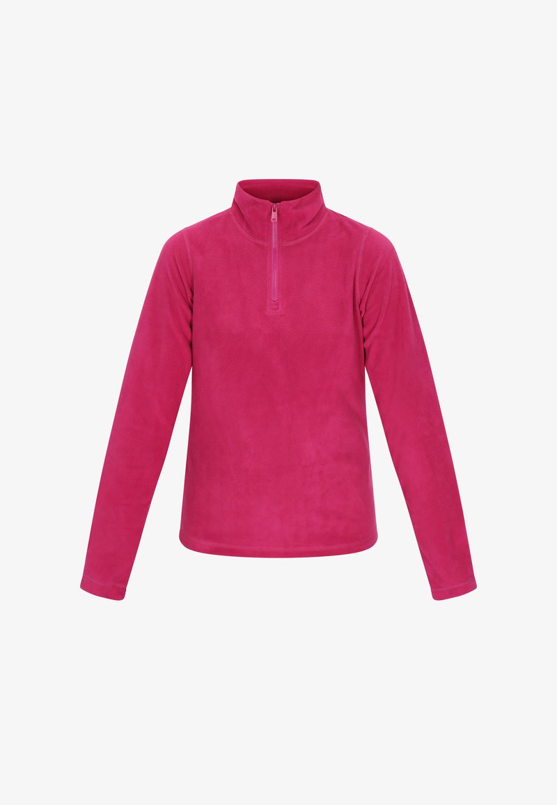 Fleece pullover in felroze, met een hoge kraag en een halve ritssluiting. Lange mouwen met een zachte, gladde textuur.