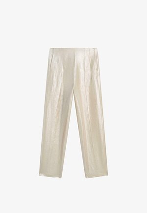 Pantaloni color crema, a vita alta, a gamba dritta, con una lucentezza sottile e pieghe frontali, mostrati su uno sfondo bianco.