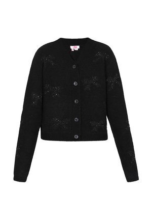 Fekete kardigán V-nyakkal, hosszú ujjal és öt gombbal. Csillagmintás textúra található az anyagon. Puha anyag.