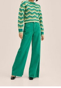 Vrouw die een gebreide trui draagt met een golvend patroon in groen en blauw, gecombineerd met hoge, wijd uitlopende teal-kleurige broek en zwarte schoenen met vierkante neus.