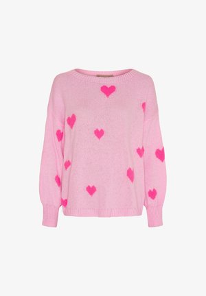 Lyserød strikket sweater med løs pasform, der har spredte, levende pink hjerte-mønstre samt ribstrikkede ærmeender og kant.