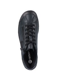Schwarze Lederschuhe mit runder Zehenform, Schnürung vorne und seitlichem Reißverschluss. Besitzt eine strukturierte Oberfläche und ein Logodetail auf der Innensohle.