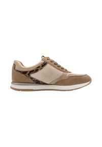 Baskets beige et marron avec lacets à l'avant, détail imprimé animal sur le côté, semelle intermédiaire blanche et semelle extérieure en caoutchouc beige.