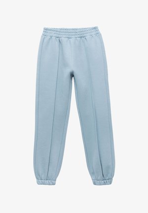 Hellblaue Sweatpants mit einem elastischen Bund, schmal zulaufenden Bündchen und vertikalen Falten an den Seiten. Hergestellt aus weichem, strukturiertem Stoff.