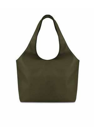 Olivgrüne Tragetasche aus glattem Material mit einem abgerundeten, breiten Schulterriemen und einem geprägten Logo am unteren Rand. Einfaches, unstrukturiertes Design.