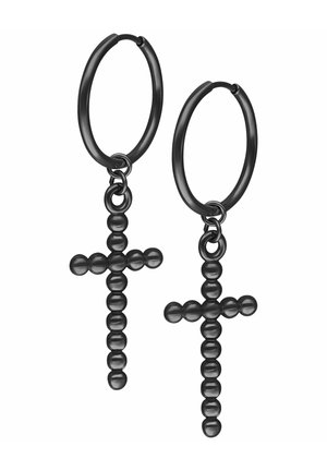 Black hoop earrings with dangling crosses made of small round beads on a white background, showing front and back views.