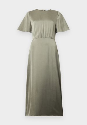 Olivengrønn kjole med rund hals, korte ermer og samlet midje. Har et glatt, lett strukturert stoff.