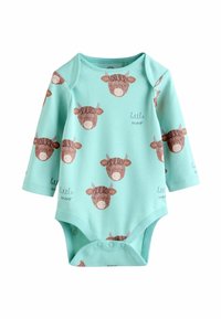 Ljusblå långärmad body i mjukt tyg, prydd med upprepade bruna koillustrationer och texten "liten moo" i en lekfull stil.