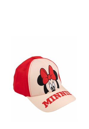 Cappellino rosso e beige con un personaggio dei cartoni animati con un fiocco rosso e la parola "MINNIE" stampata in rosso sulla visiera.