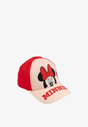 Red and beige cap featuring a cartoon character with a red bow and the word "MINNIE" printed in red on the brim.