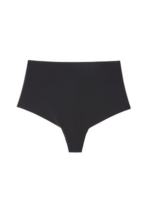 Vysoko pasové černé kalhotky vyrobené z hladkého elastického materiálu. Nabízí bezešvou konstrukci a minimalistický siluetu.