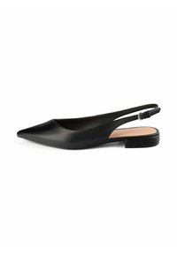 Crne slingback balerinke s šiljastim vrhom, gornji dio od glatke kože, tanka podesiva naramenica i niski četvrtasti potplat.
