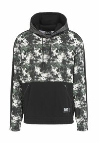 Felpa con cappuccio caratterizzata da un motivo camouflage digitale verde e nero, dotata di tasca con zip e orlo e polsini elasticizzati.