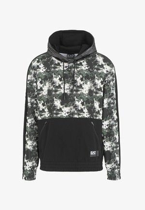 Felpa con cappuccio caratterizzata da un motivo camouflage digitale verde e nero, dotata di tasca con zip e orlo e polsini elasticizzati.