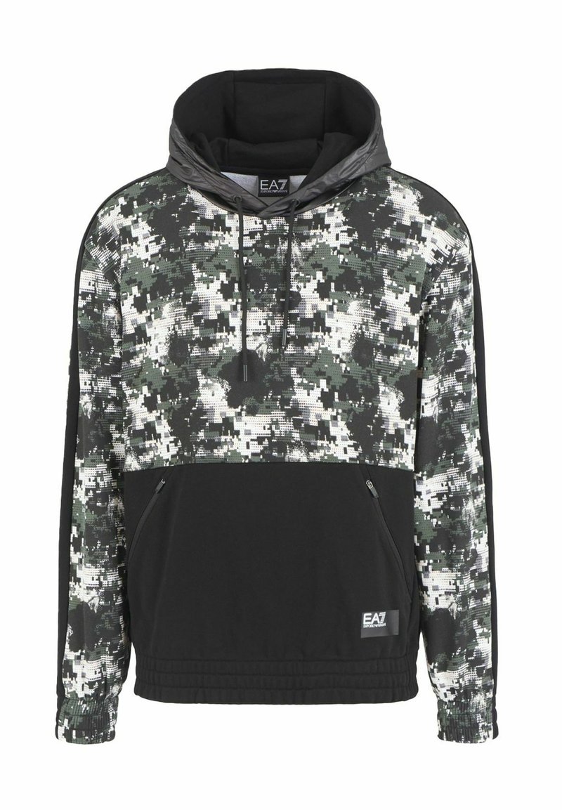 Felpa con cappuccio caratterizzata da un motivo camouflage digitale verde e nero, dotata di tasca con zip e orlo e polsini elasticizzati.