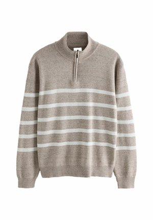 Beige sweater med lynlås i kraven, med vekslende brede og smalle hvide striber, strikket tekstur og ribbestrikkede manchetter og kant.