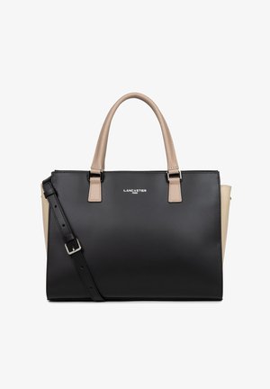 Schwarze und beige Tragetasche aus synthetischem Material, strukturierte Form, doppelte obere Tragegriffe, abnehmbarer Schultergurt und dekorative Logodarstellung.