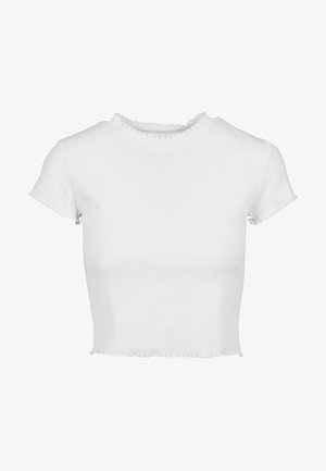 White, cropped t-shirt made of ribbed fabric. Features short sleeves with frayed edges and a round neckline with a ruffled detail.