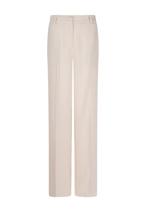 Pantalon beige à jambes droites en tissu lisse et doux. Il présente un devant plat, des passants pour ceinture et un design classique sans motifs.