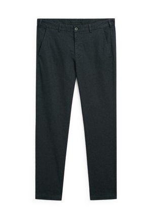 Dark gray trousers made of a lightweight fabric. Features a zip fly, button closure, belt loops, and side pockets. Straight-leg design.