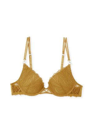 Sujeción de encaje floral dorado con diseño semitransparente, tirantes ajustables y bordes festoneados con una textura suave.