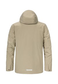 Beige wasserdichte Jacke mit Kapuze, die über eine glatte Textur, lange Ärmel und einen Saum verfügt, der ein kleines Logo-Label am Boden enthält.