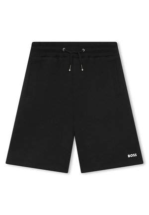 Shorts neri in cotone con vita elastica e cordoncino. Presentano tasche laterali e un logo bianco posizionato verso il basso a destra.