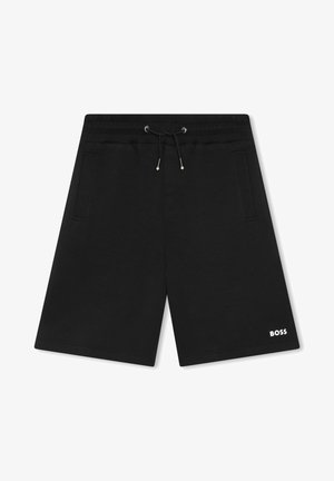 Shorts neri in cotone con vita elastica e cordoncino. Presentano tasche laterali e un logo bianco posizionato verso il basso a destra.