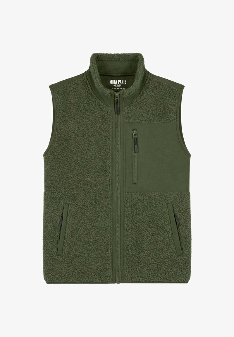 Veste sans manches en polaire vert olive avec fermeture éclair frontale, deux poches zippées basses, une poche poitrine zippée et col montant.